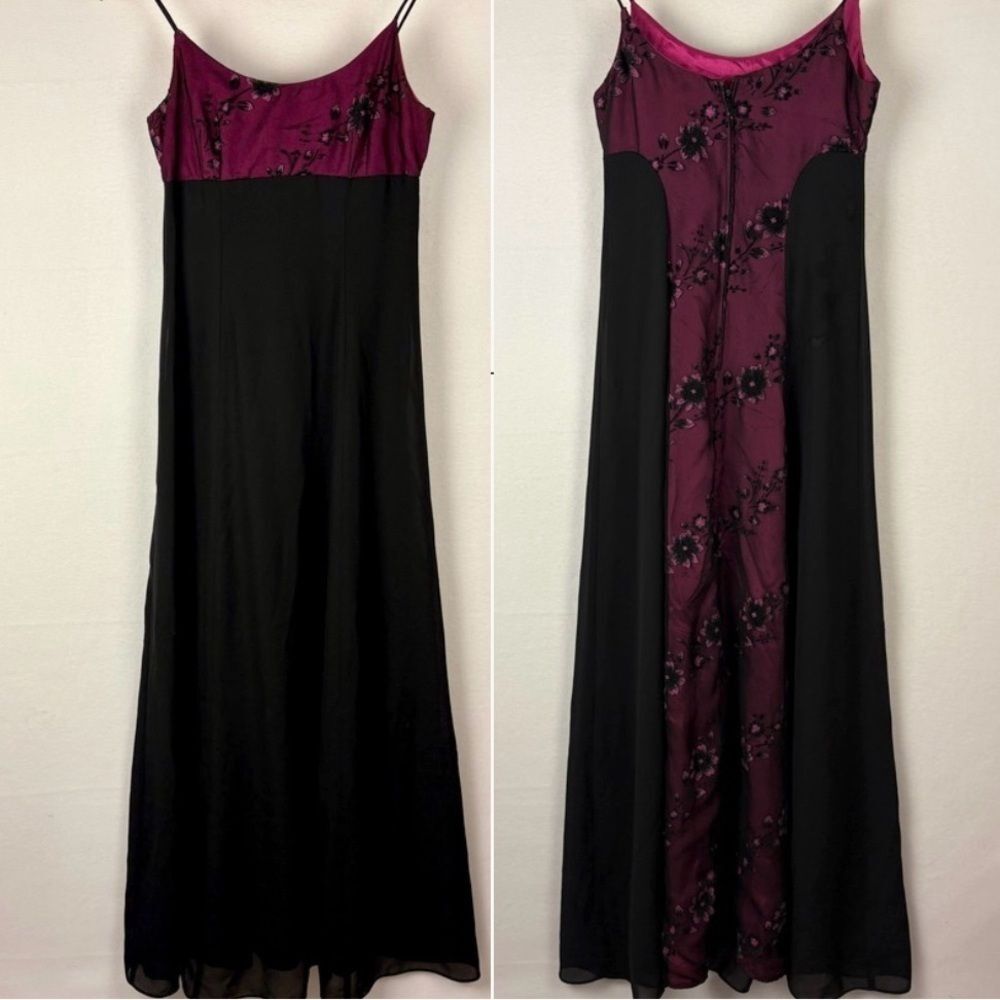 Vintage Y2K Black Pink Sheer Floral Applique Maxi Dress Size XS Dark Romantic